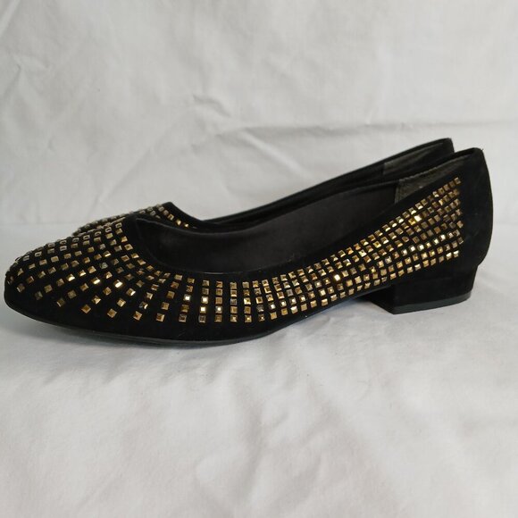 UNISA HESSA BLACK SUEDE GOLD STUDDED SLIP-ON BALLET FLATS, SIZE 6 - Picture 3 of 6